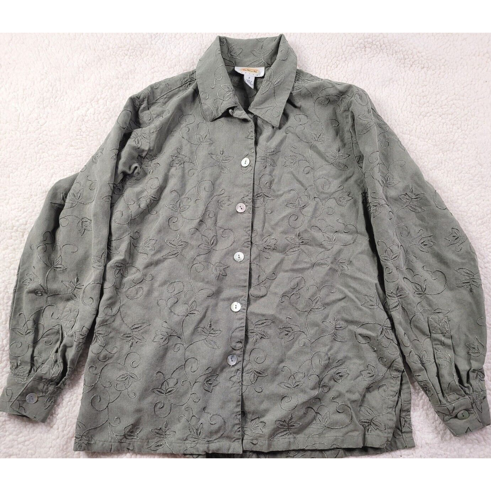 [102] Talbots Petites Floral Embroidered Olive Button Up Blouse- Size PP (0-2)
